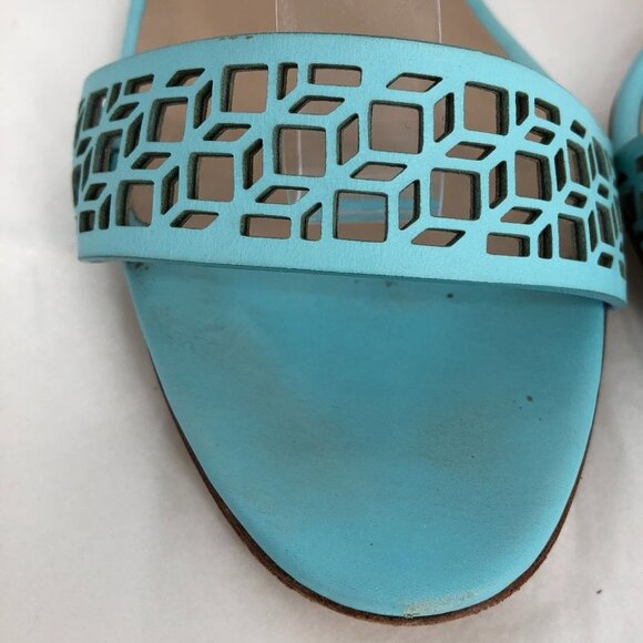 Manolo  Blahnik Maurila Turquoise Geometric Laser Cut Sandal Heels Leather 41 - Picture 13 of 16